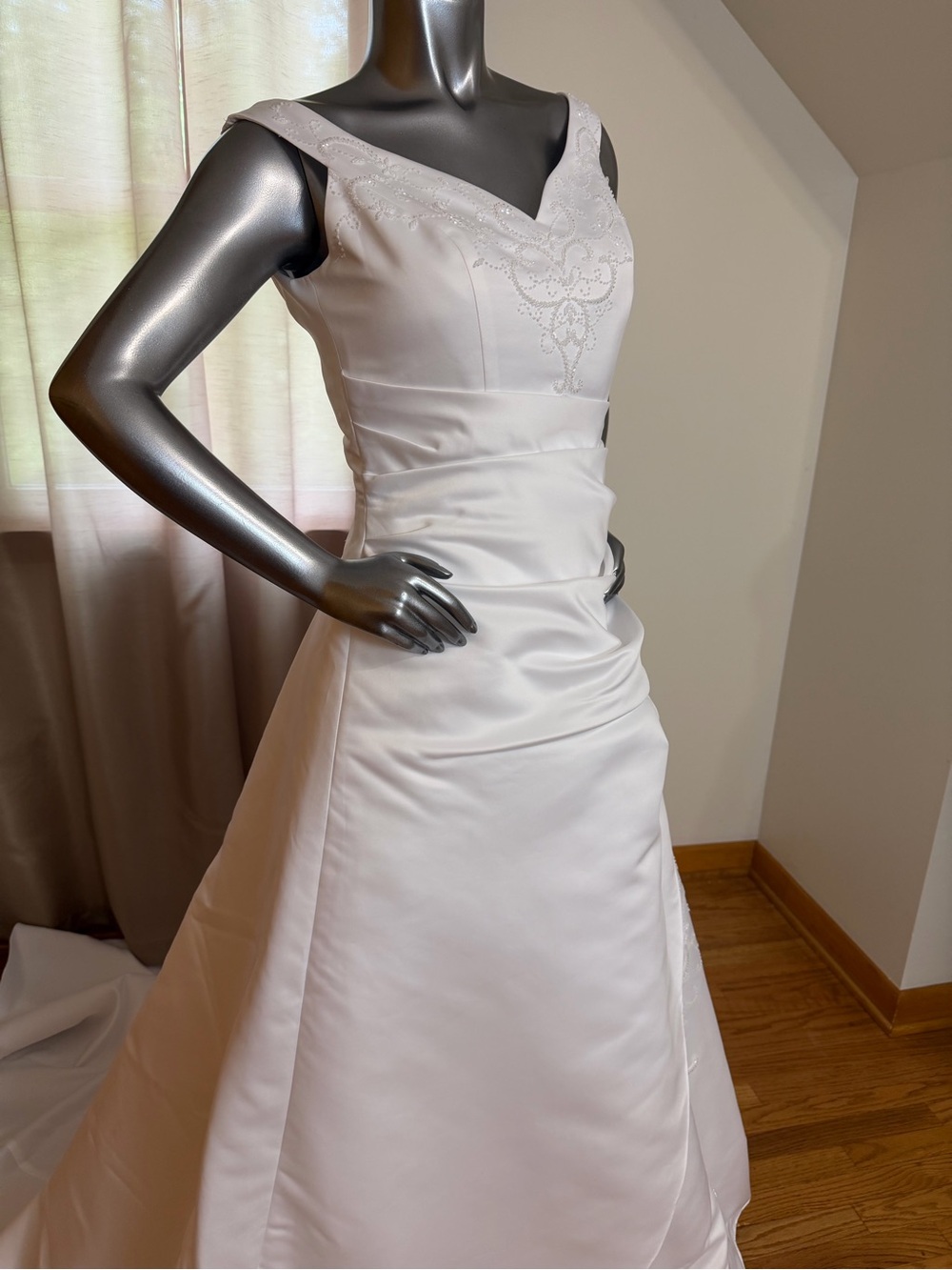 David's Bridal White off the shoulder Satin A-Line Wedding Gown